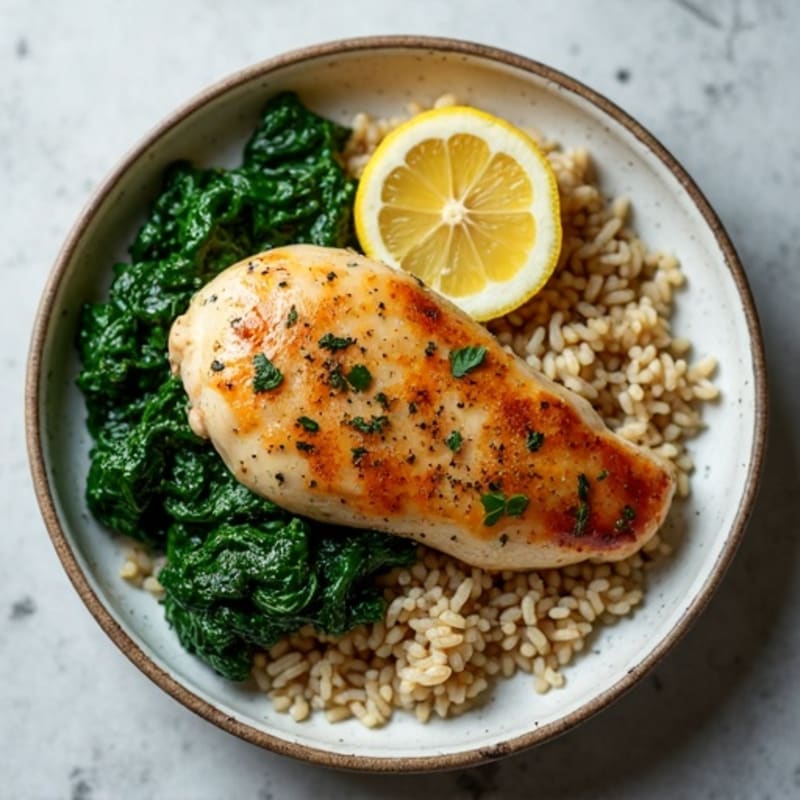Lemon Herb Roasted Chicken with Wilted Spinach and Brown Rice