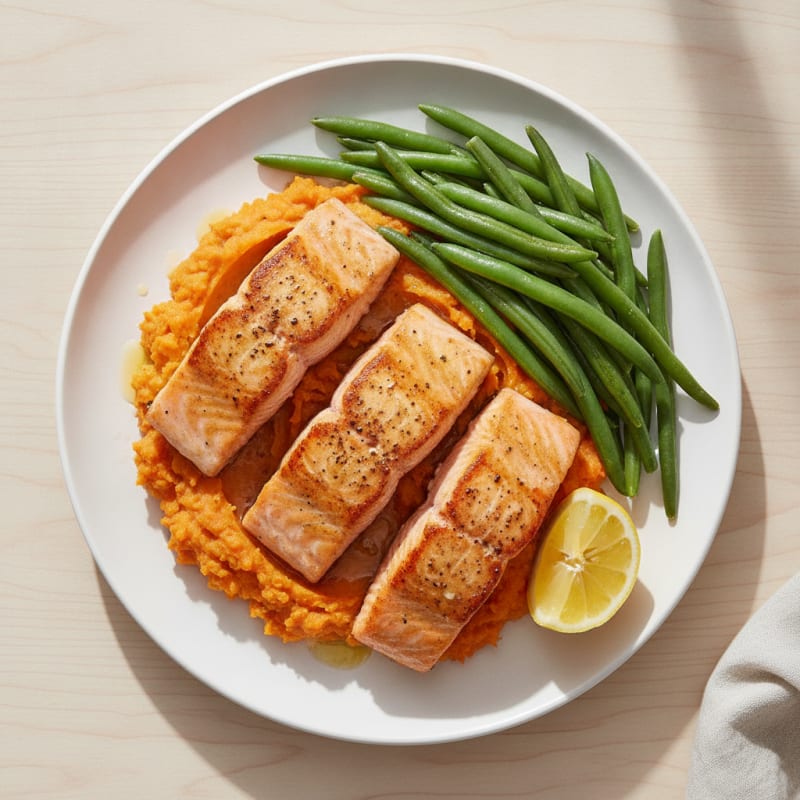 Seared Salmon with Steamed Green Beans and Sweet Potato Mash