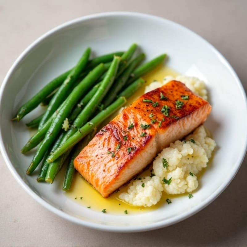 Seared Salmon with Steamed Green Beans and Cauliflower Mash