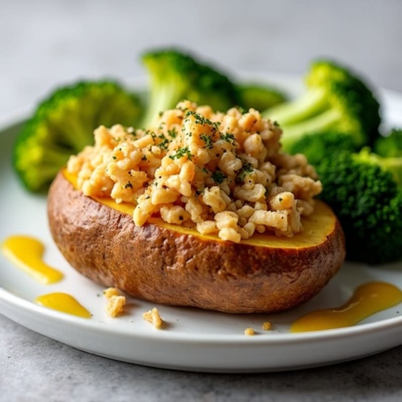 Crispy Baked Potato with Lean Ground Chicken and Roasted Broccoli