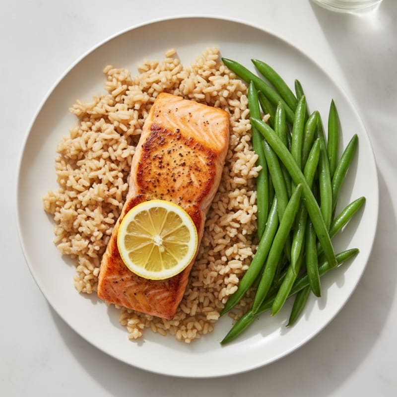 Seared Salmon with Steamed Green Beans and Brown Rice