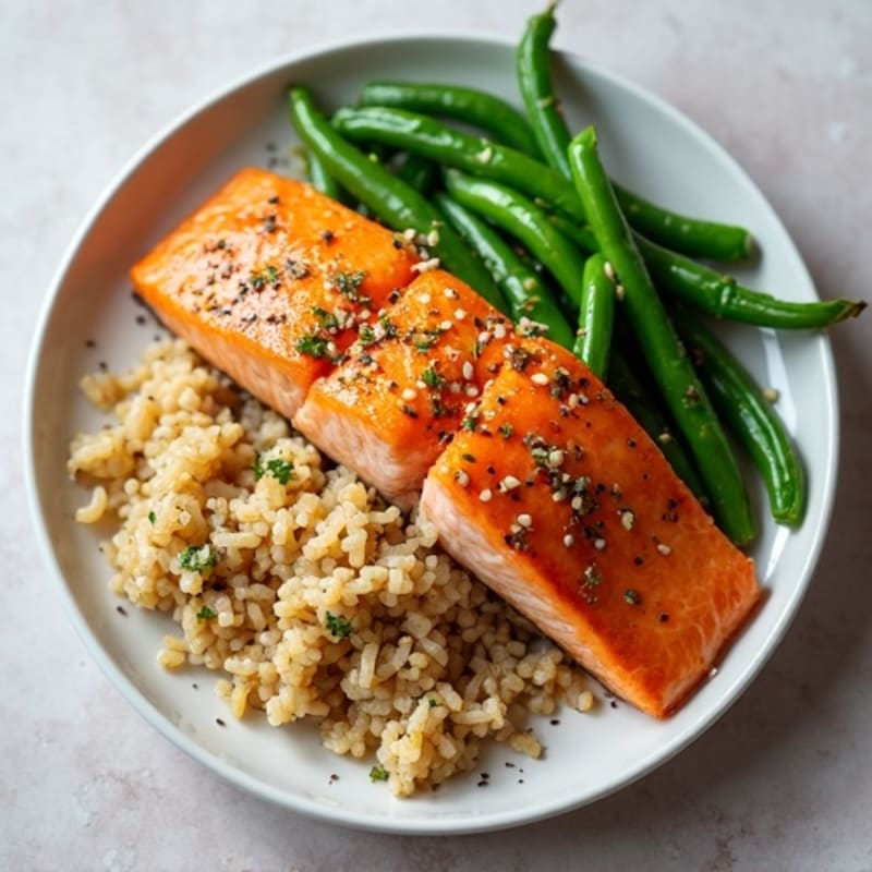 Seared Salmon Fillet with Garlic Green Beans and Brown Rice