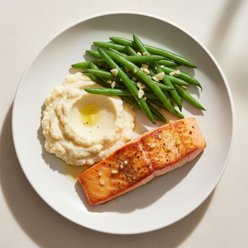 Seared Salmon with Garlic Green Beans and Cauliflower Mash
