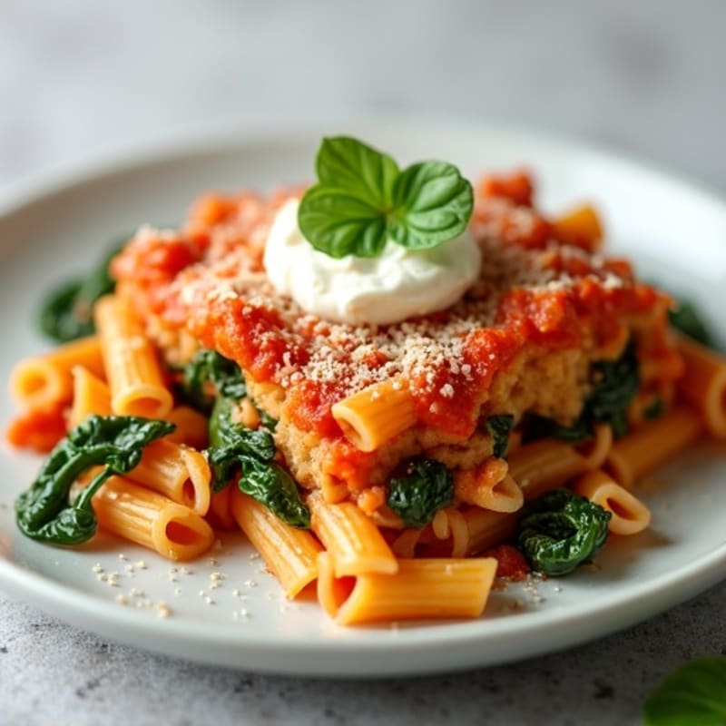 Lean Ground Turkey Baked Ziti with Spinach and Creamy Ricotta