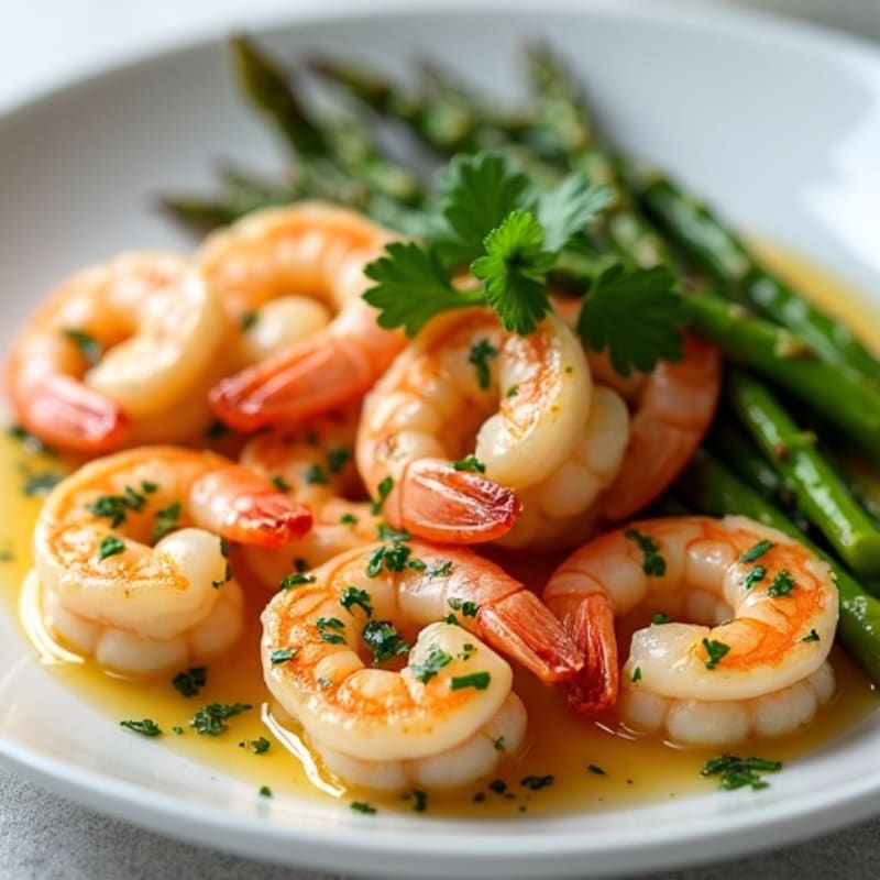 Pan-Seared Garlic Butter Shrimp with Fresh Herbs and Roasted Asparagus