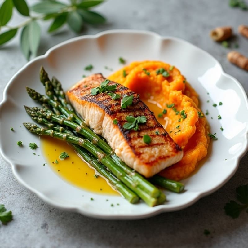 Seared Salmon Filet with Roasted Asparagus and Sweet Potato Mash