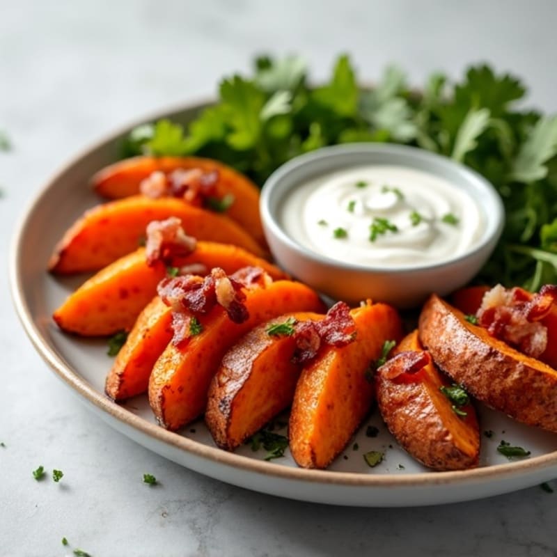 Crispy Sweet Potato Wedges with Turkey Bacon Crumbles