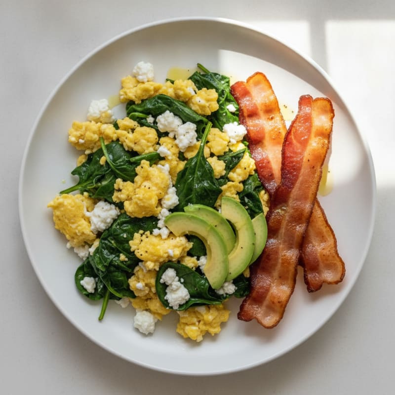 Cottage Cheese Scramble with Spinach and Turkey Bacon