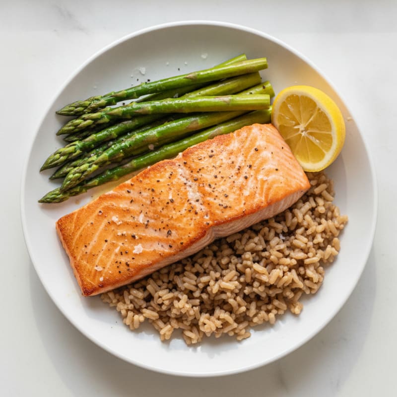 Seared Salmon with Steamed Asparagus and Brown Rice