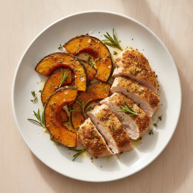 Roasted Kabocha Squash with Herb-Crusted Chicken