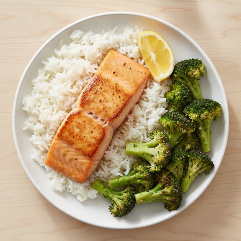 Pan-Seared Salmon with Steamed Rice and Roasted Broccoli