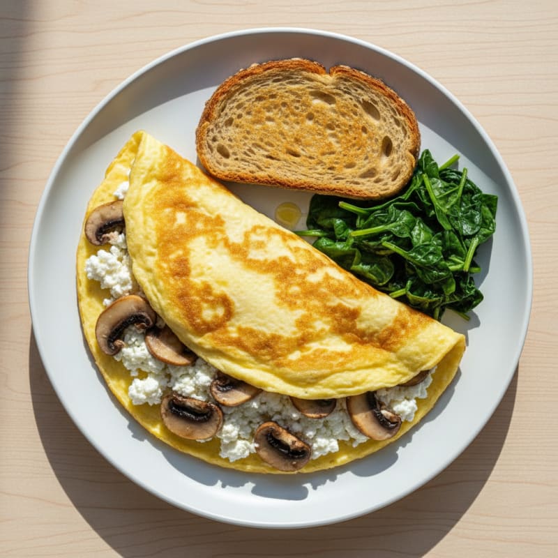 Egg White Spinach Omelet with Cottage Cheese and Sautéed Mushrooms
