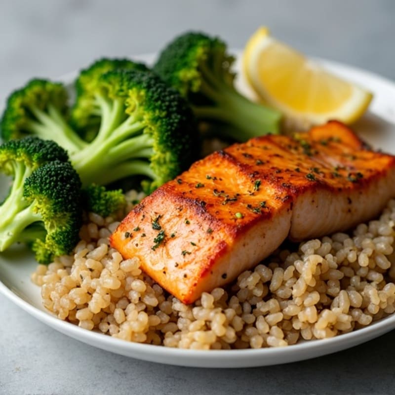Seared Salmon with Steamed Broccoli and Brown Rice