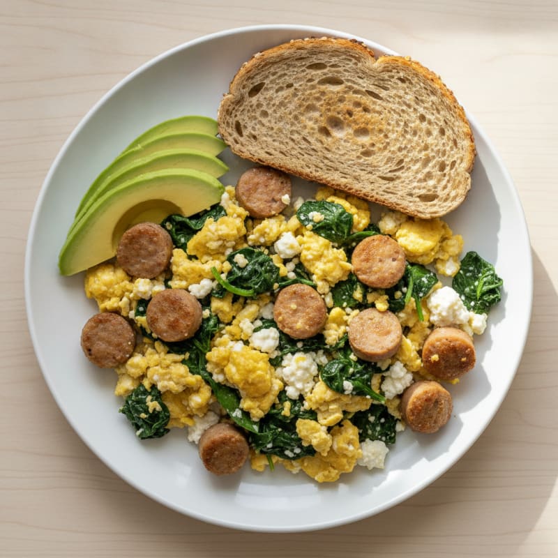 Cottage Cheese Scramble with Turkey Sausage and Sautéed Spinach