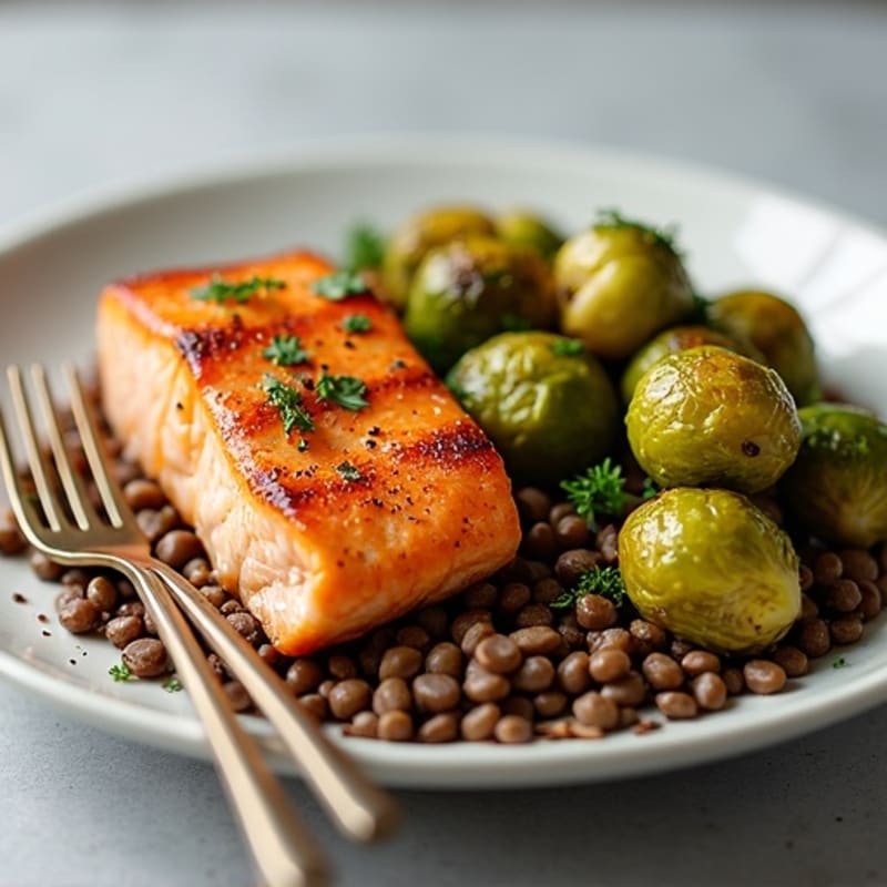 Seared Salmon Fillet with Roasted Brussels Sprouts and Lentils