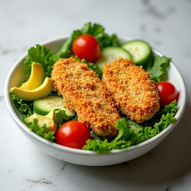 Crispy Chicken and Avocado Salad Bowl with Fresh Greens