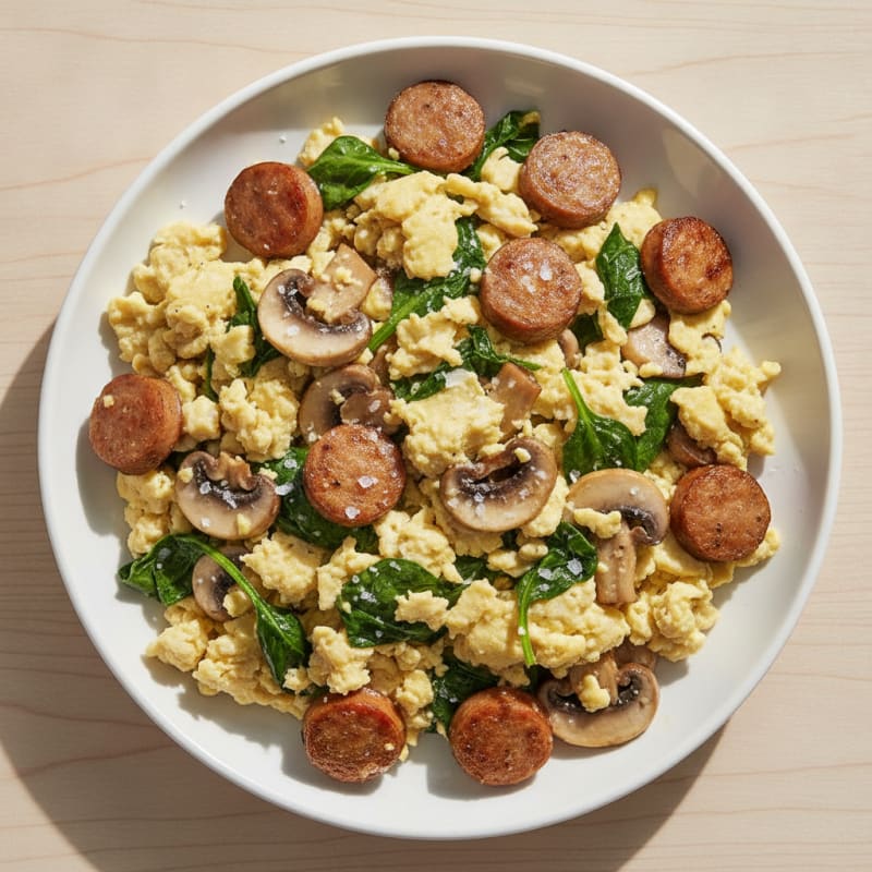 Egg White Spinach Scramble with Turkey Sausage and Sautéed Mushrooms