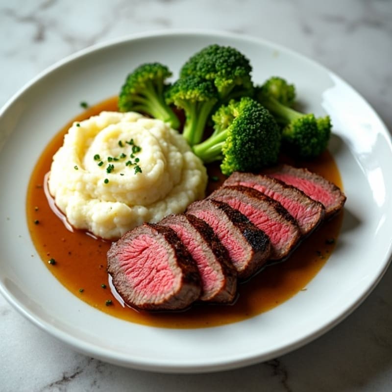 Seared Lean Beef with Roasted Broccoli and Cauliflower Mash