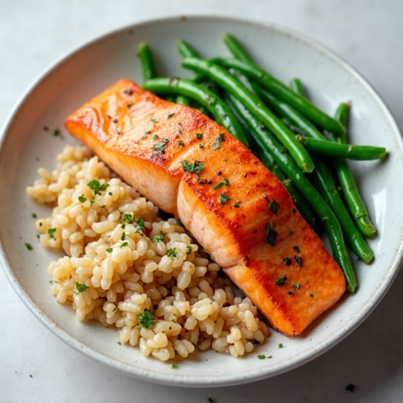Seared Salmon with Garlic Green Beans and Brown Rice