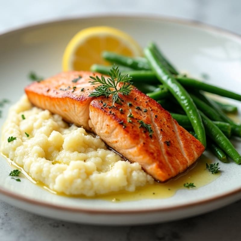 Seared Salmon Fillet with Garlic Green Beans and Cauliflower Mash