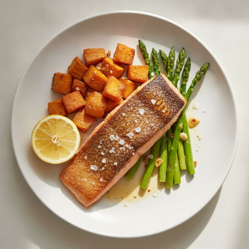 Seared Salmon Fillet with Roasted Sweet Potatoes and Asparagus