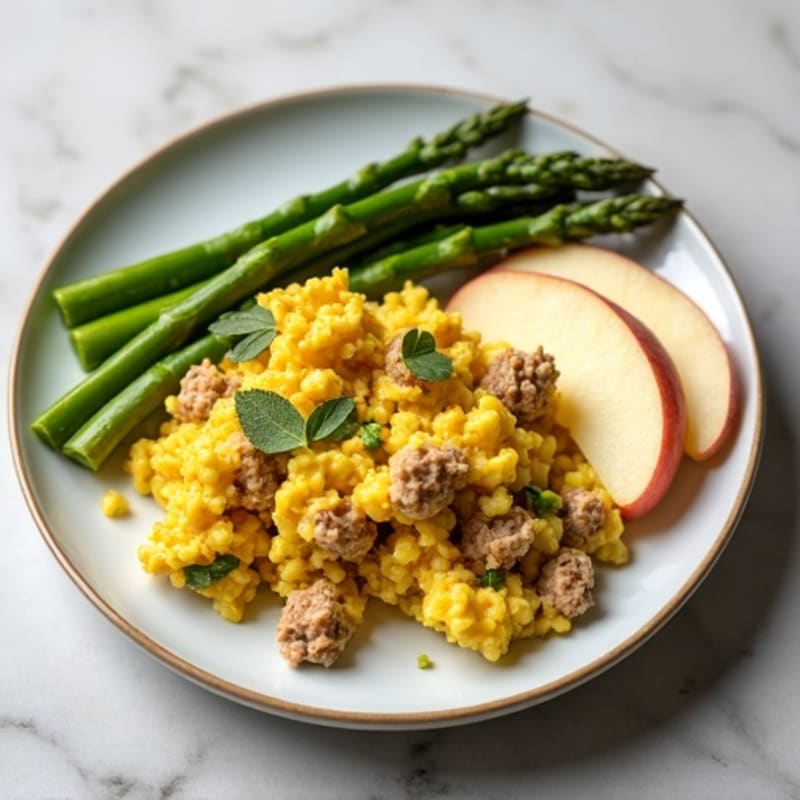 Egg White and Ground Turkey Scramble with Roasted Asparagus