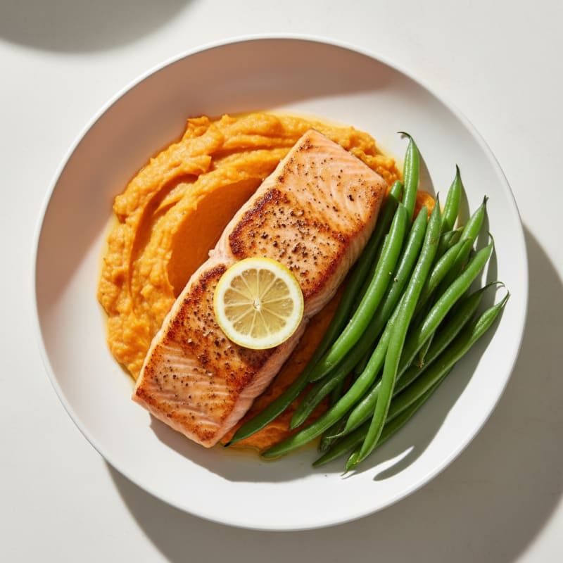 Seared Salmon Fillet with Steamed Green Beans and Sweet Potato Mash