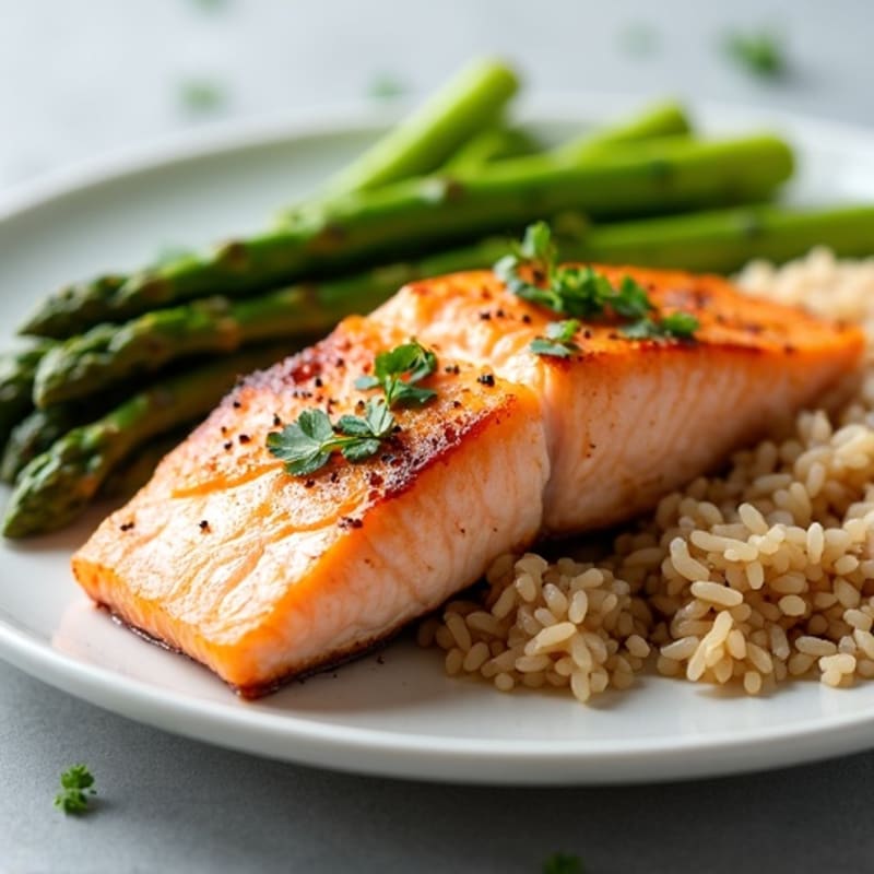 Seared Salmon Fillet with Steamed Asparagus and Brown Rice