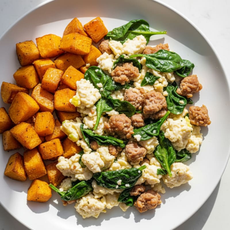 Egg White and Turkey Sausage Scramble with Spinach and Roasted Sweet Potatoes