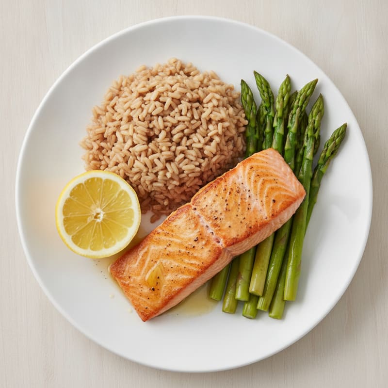Seared Salmon Fillet with Steamed Asparagus and Brown Rice
