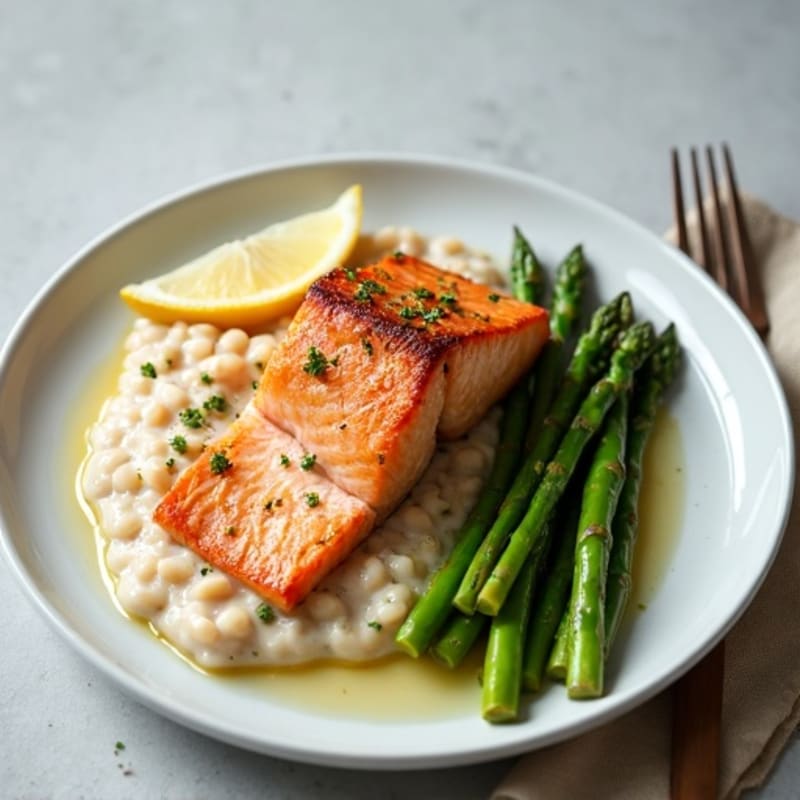 Seared Salmon Fillet with Creamy White Bean Mash and Sautéed Asparagus