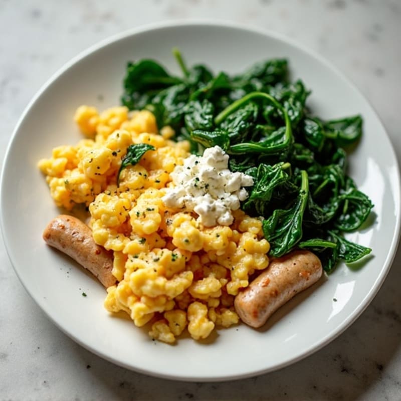 Egg White Scramble with Chicken Sausage and Sautéed Spinach