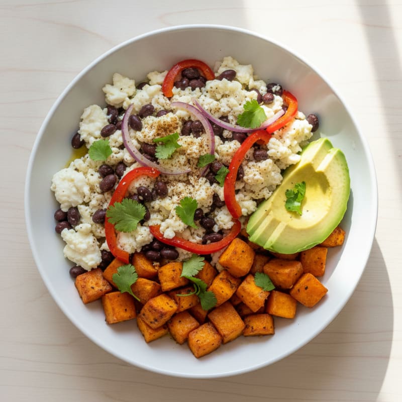 Egg White and Black Bean Scramble with Roasted Sweet Potatoes