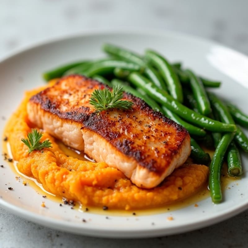 Seared Salmon with Garlic Green Beans and Sweet Potato Mash