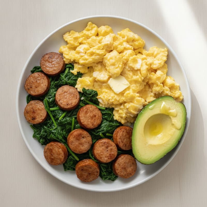 Creamy Scrambled Eggs with Turkey Sausage and Sautéed Spinach
