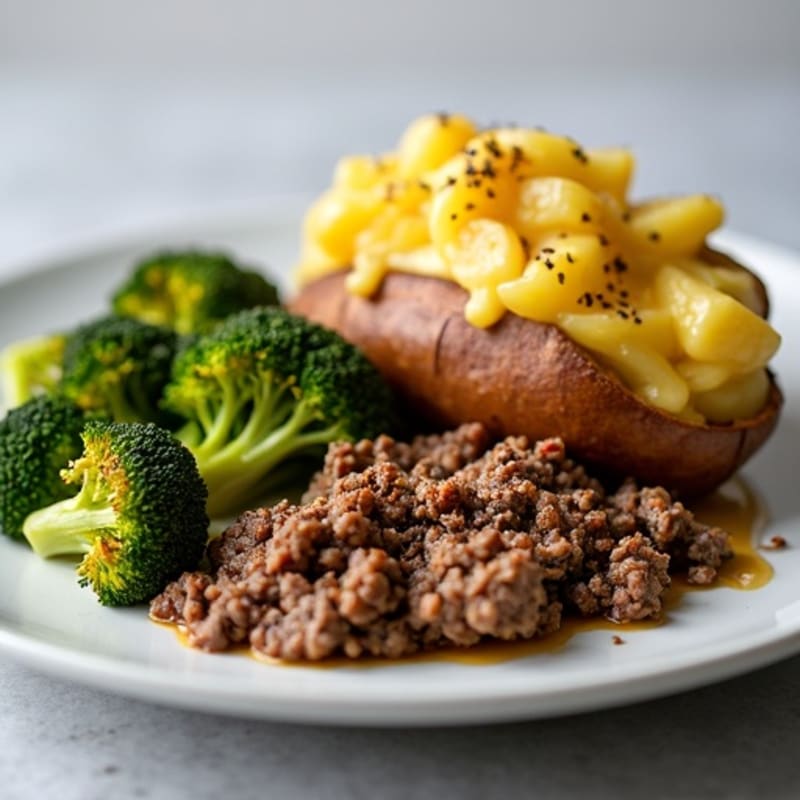 Crispy Baked Potato with Lean Ground Beef and Roasted Broccoli