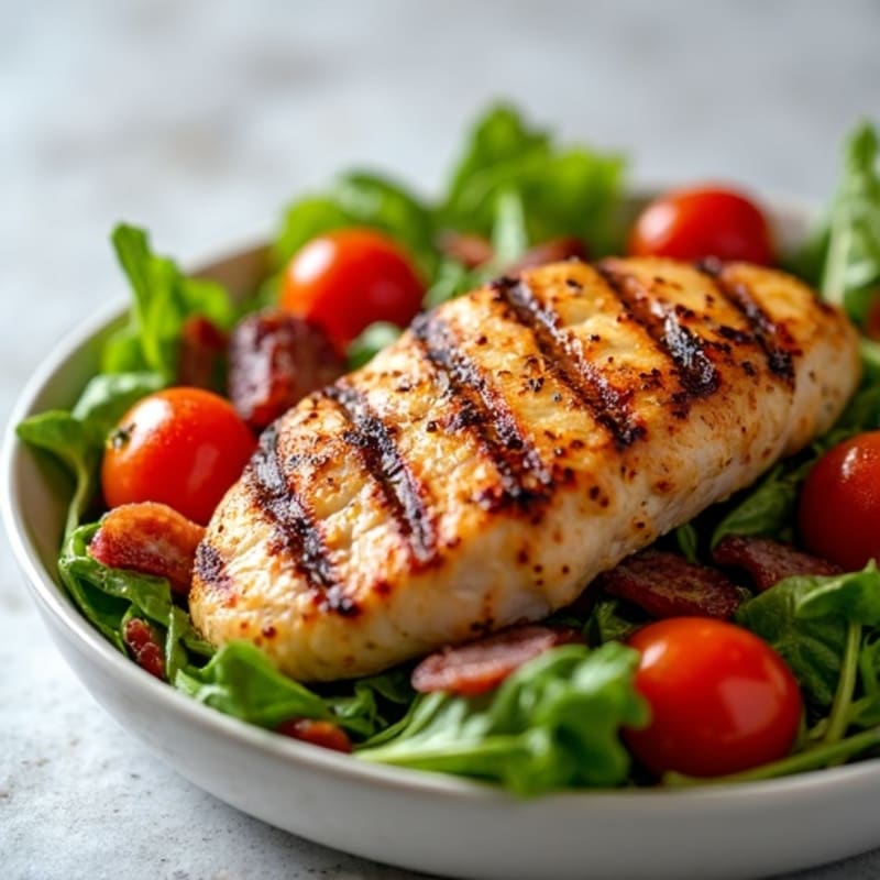 Grilled Chicken and Crispy Bacon Salad with Fresh Greens and Roasted Tomatoes