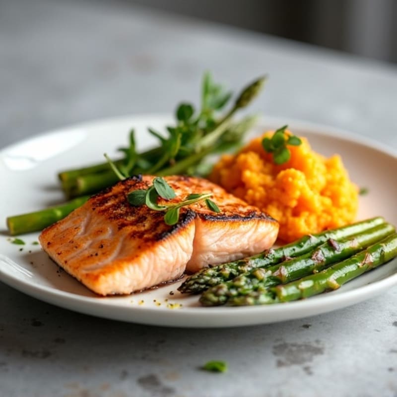Seared Salmon Fillet with Roasted Asparagus and Sweet Potato Mash