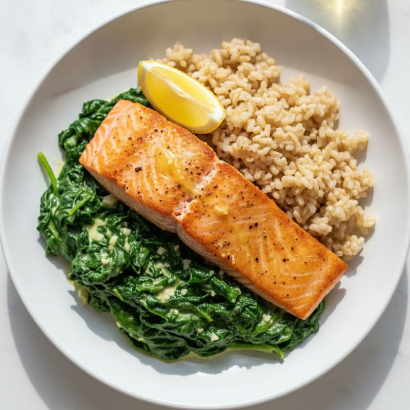 Pan-Seared Salmon with Creamy Spinach and Brown Rice