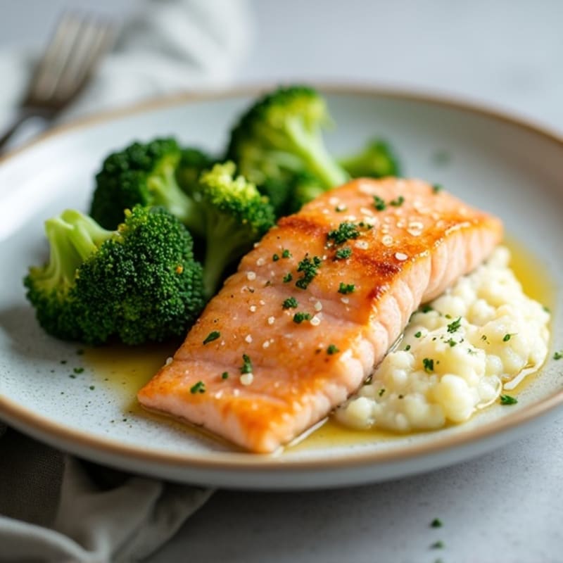 Seared Salmon with Steamed Broccoli and Garlic Cauliflower Mash