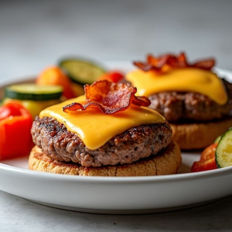 Lean Ground Beef Patties with Crispy Bacon, Melted Cheddar, and Roasted Vegetables