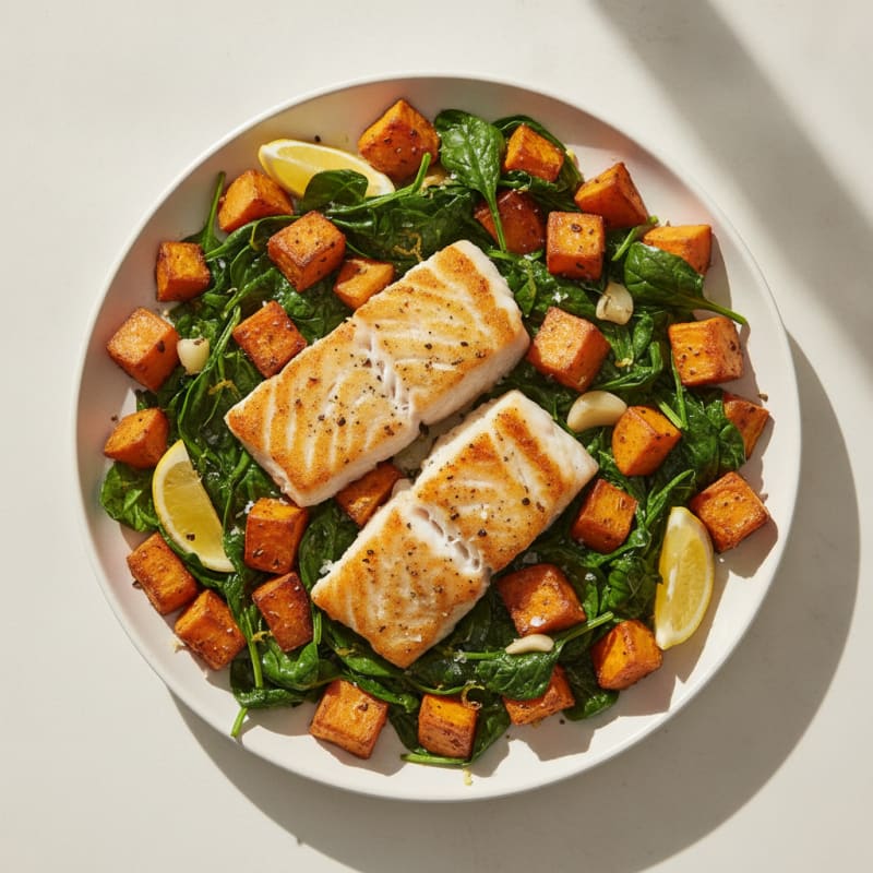 Pan-Seared Cod with Roasted Sweet Potatoes and Sautéed Spinach