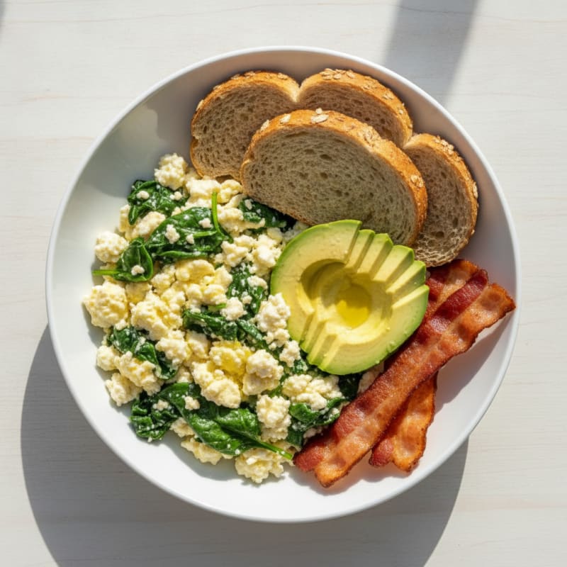 Cottage Cheese Scramble with Spinach and Turkey Bacon