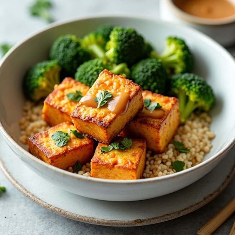 Crispy Baked Tofu with Roasted Broccoli and Peanut Sauce