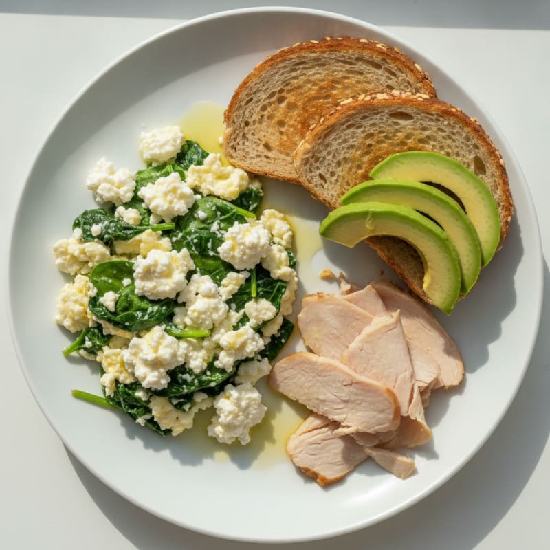 Egg White Spinach Scramble with Cottage Cheese and Sliced Turkey