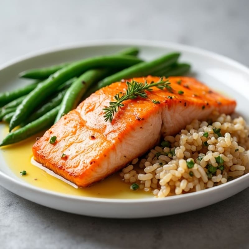 Seared Salmon with Garlic Green Beans and Brown Rice
