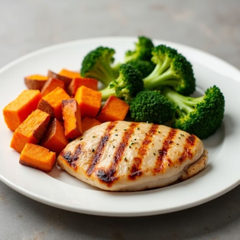 Grilled Chicken Breast with Roasted Sweet Potatoes and Steamed Broccoli