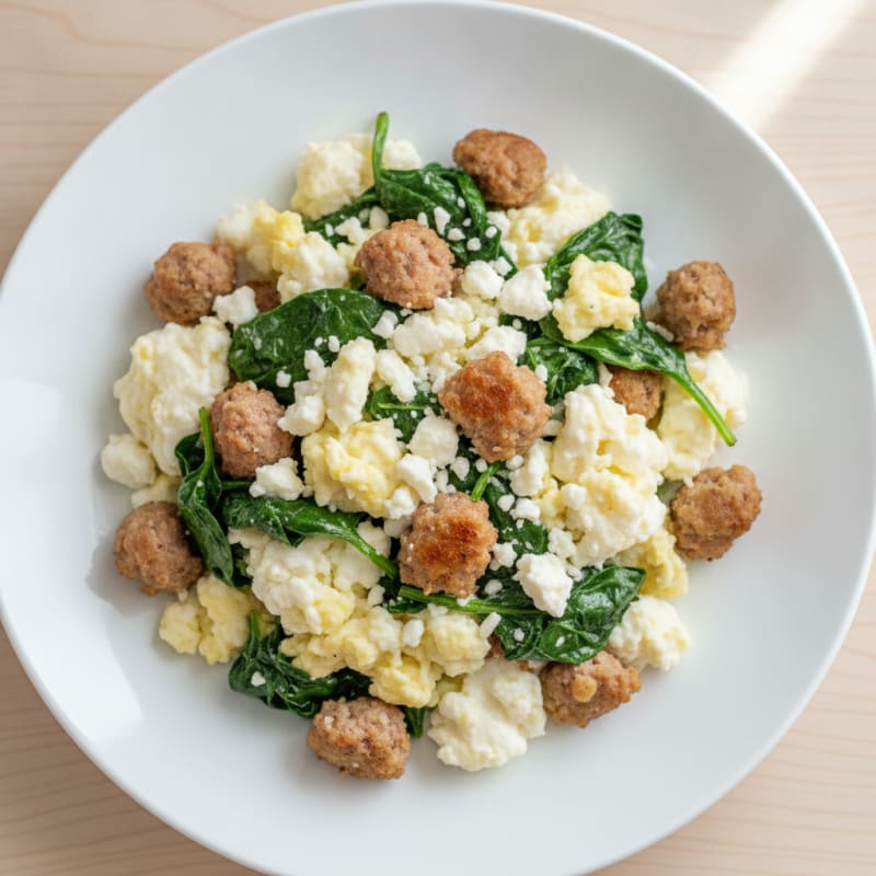 Egg White and Turkey Sausage Scramble with Spinach and Feta