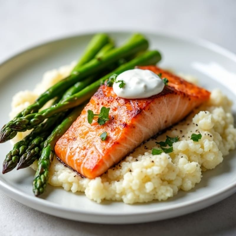 Seared Salmon with Steamed Asparagus and Cauliflower Mash