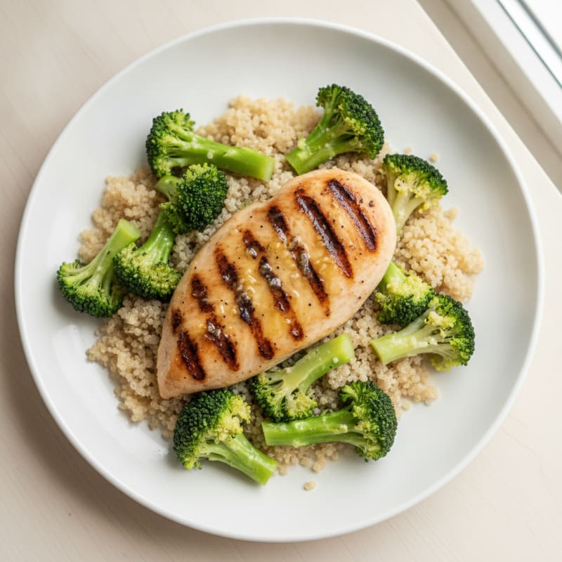 Grilled Chicken Breast with Steamed Broccoli and Quinoa